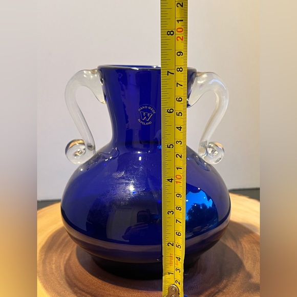 Vintage Handmade in Poland Vase by Wanda Imported. Covalt Blue, Clear Handles - Picture 8 of 8